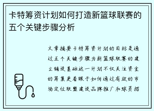 卡特筹资计划如何打造新篮球联赛的五个关键步骤分析